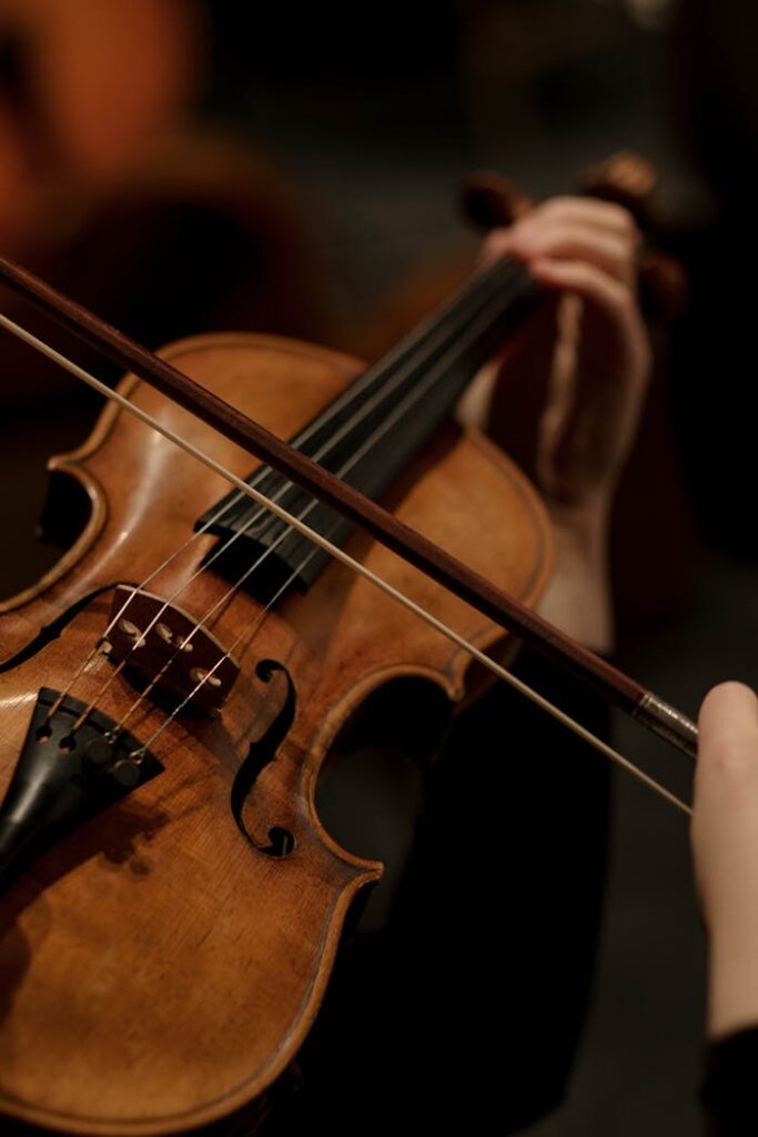 A Person Playing Violin while Holding a Violin Bow